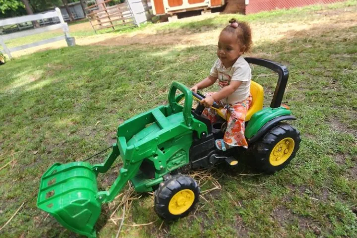 Child on toy tractor in grassy yard near red shed.