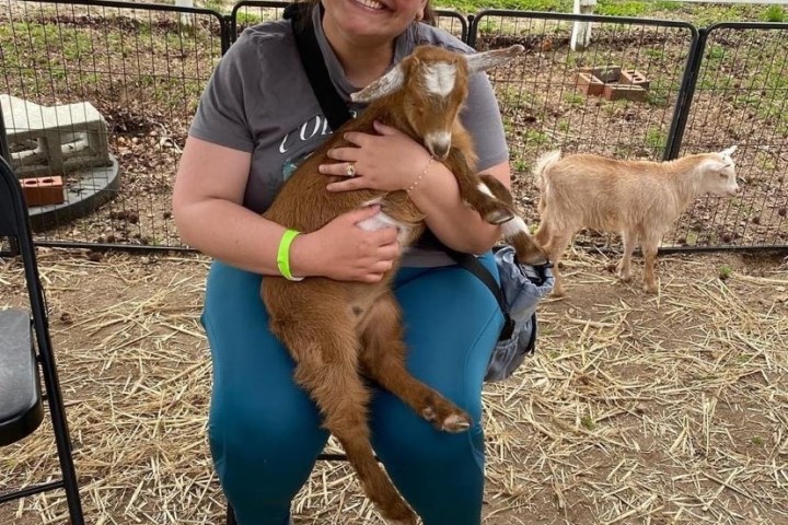 Person sitting and smiling, holding a small brown goat on lap with another goat standing nearby.