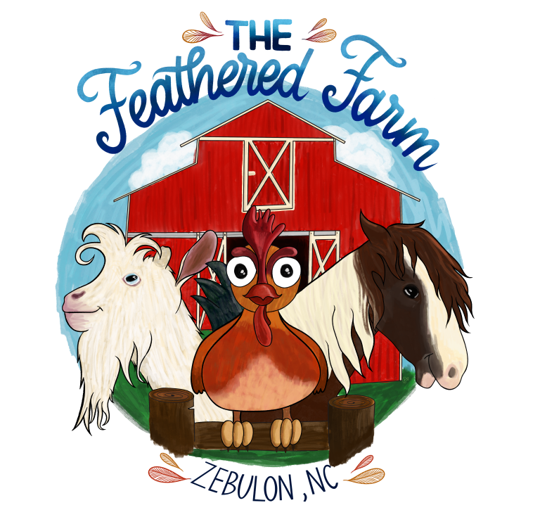 Cartoon goat, chicken, and horse in front of a red barn labeled 'The Feathered Farm, Zebulon, NC'.