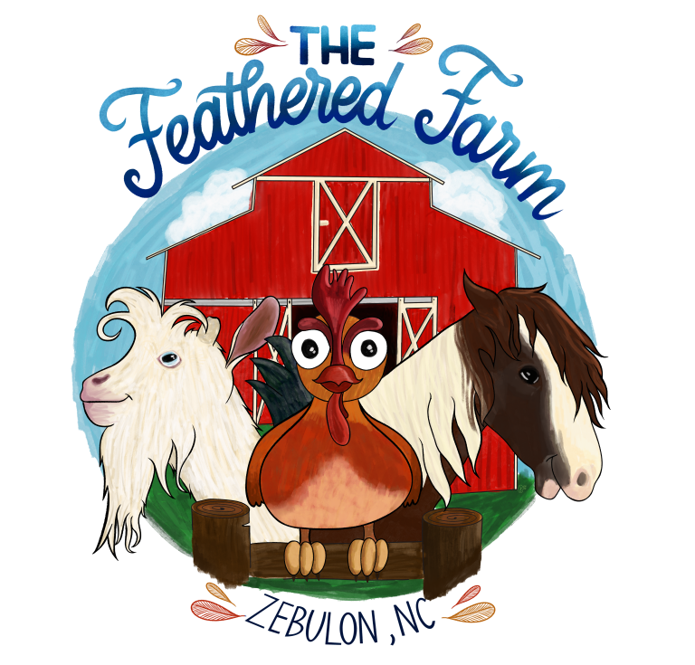 Cartoon goat, chicken, and horse in front of a red barn labeled 'The Feathered Farm, Zebulon, NC'.