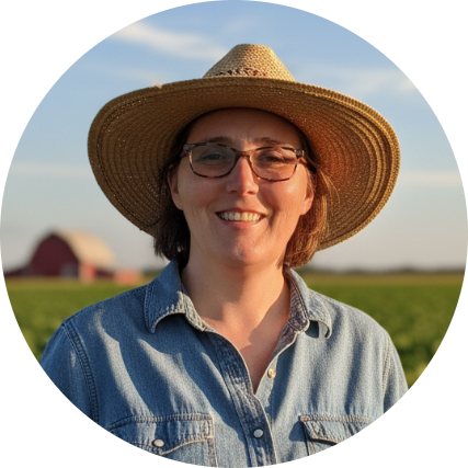 cropped_circle_image (1) Person wearing straw hat and denim shirt stands in a field with a barn in the background.