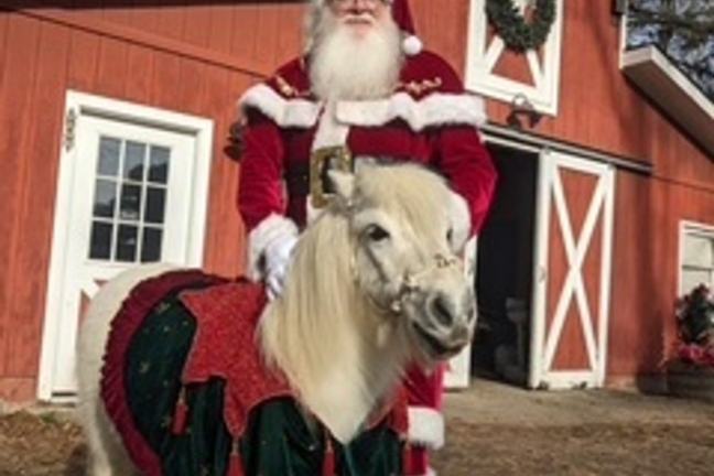 Santa in red suit with white pony in festive attire, standing in front of a red barn with a wreath.