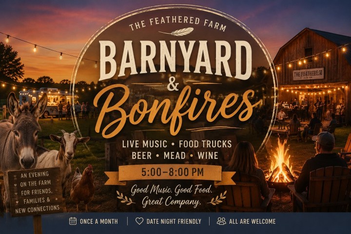 Barnyard event poster with farm, animals, people around a bonfire, and event details.